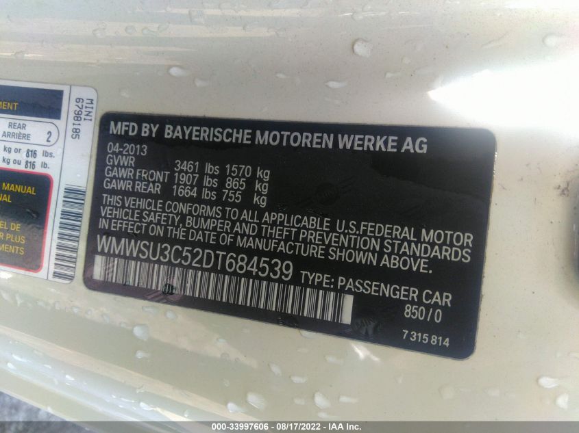2013 MINI COOPER HARDTOP WMWSU3C52DT684539