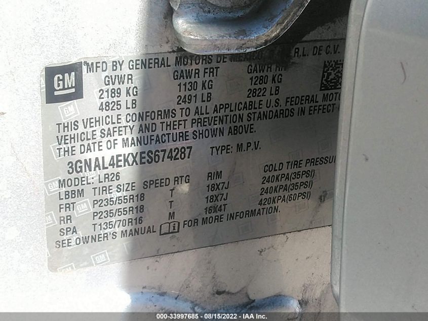 2014 CHEVROLET CAPTIVA SPORT FLEET LTZ - 3GNAL4EKXES674287