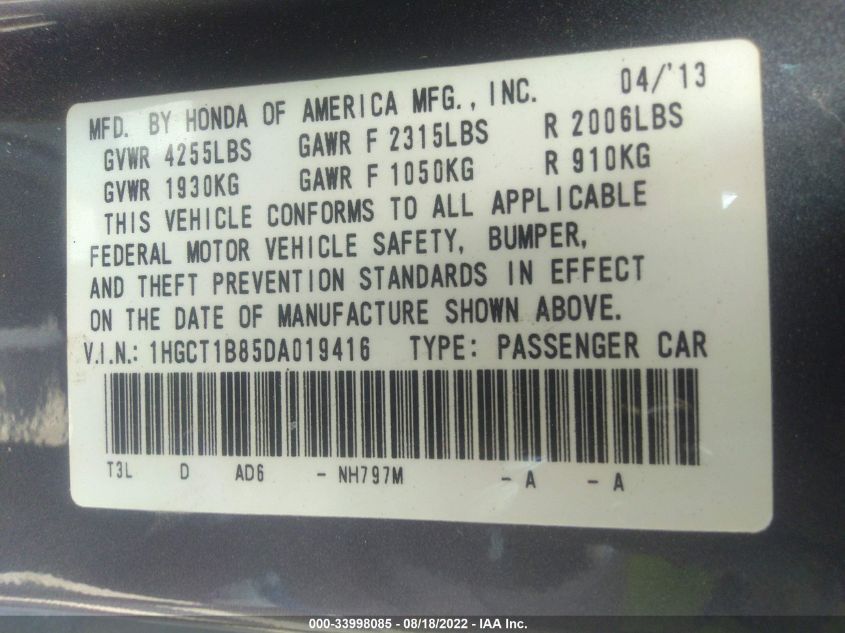 2013 HONDA ACCORD CPE EX-L 1HGCT1B85DA019416