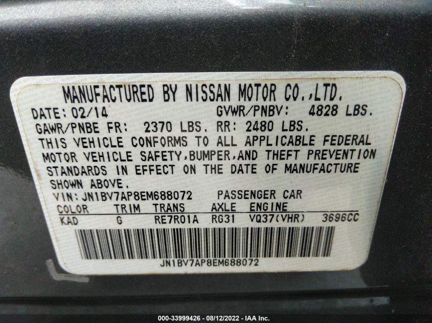 2014 INFINITI Q50 JN1BV7AP8EM688072