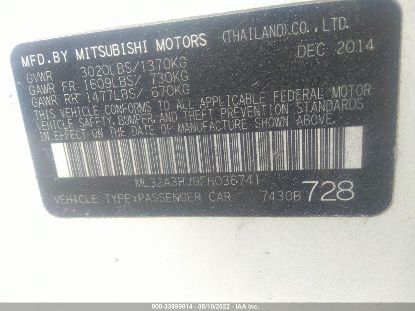 2015 MITSUBISHI MIRAGE DE/RF ML32A3HJ9FH036741