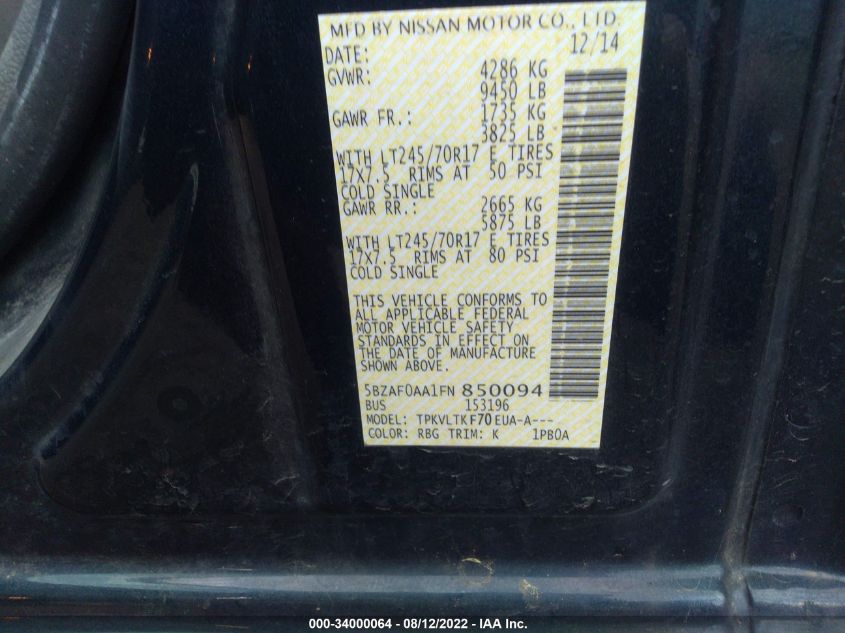 2015 NISSAN NVP SV 5BZAF0AA1FN850094