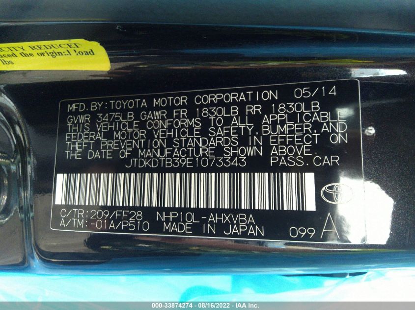2014 TOYOTA PRIUS C ONE/THREE/TWO/FOUR JTDKDTB39E1073343