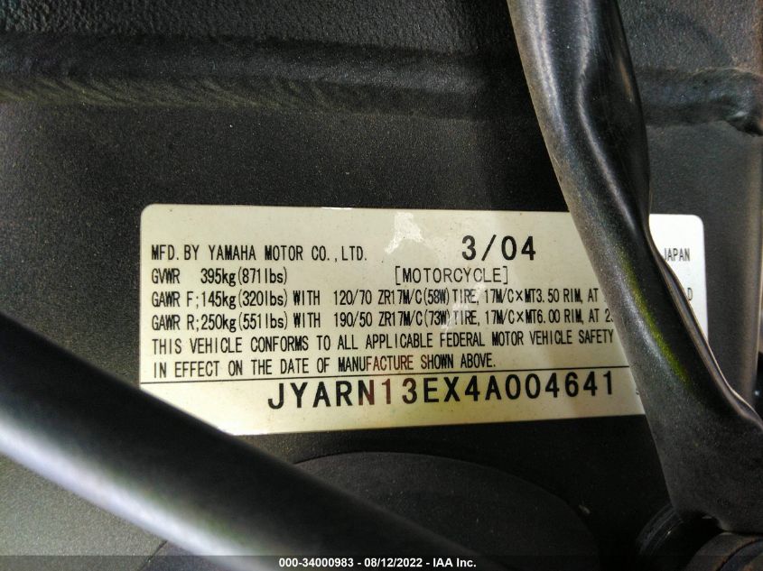 2004 YAMAHA YZFR1 JYARN13EX4A004641