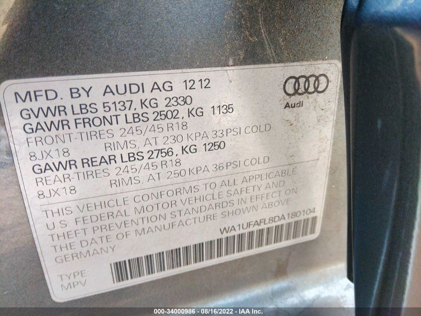 2013 AUDI ALLROAD PREMIUM PLUS WA1UFAFL8DA180104