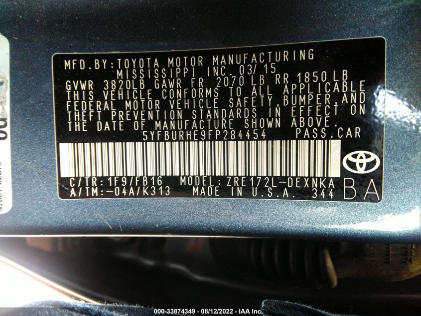 2015 TOYOTA COROLLA LE 5YFBURHE9FP284454