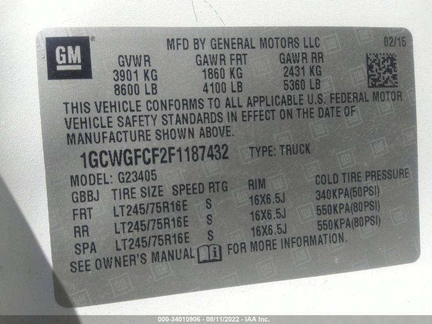 2015 CHEVROLET EXPRESS CARGO VAN 1GCWGFCF2F1187432