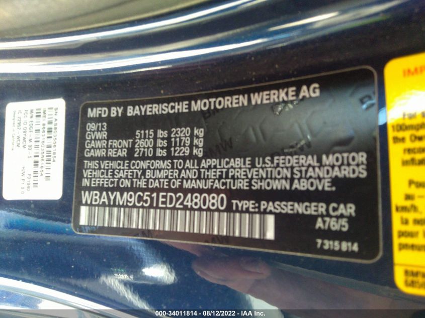 2014 BMW 6 SERIES 650I WBAYM9C51ED248080