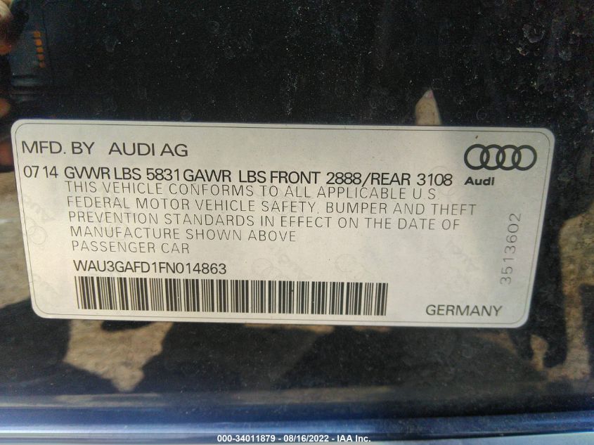2015 AUDI A8 L 3.0T WAU3GAFD1FN014863