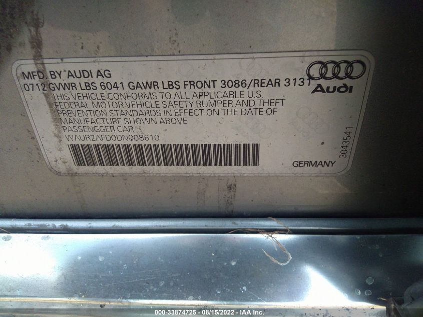 2013 AUDI A8 L 4.0L WAUR2AFD0DN008610