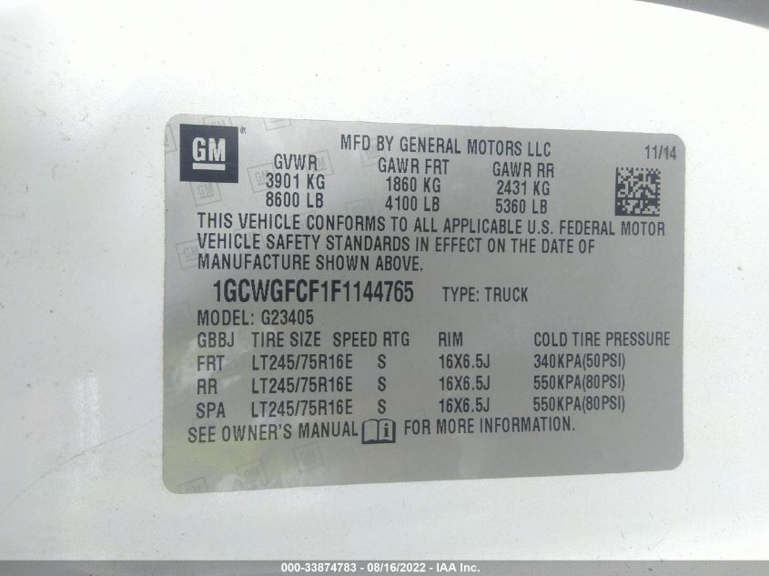 2015 CHEVROLET EXPRESS CARGO VAN 1GCWGFCF1F1144765