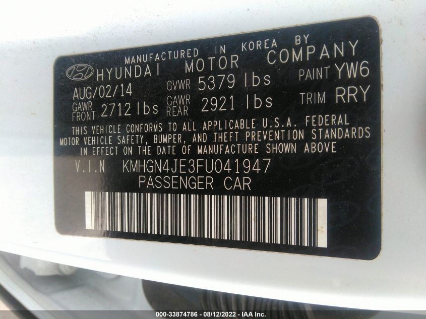 2015 HYUNDAI GENESIS 3.8L KMHGN4JE3FU041947