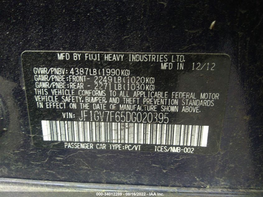 2013 SUBARU IMPREZA SEDAN WRX WRX JF1GV7F65DG020395