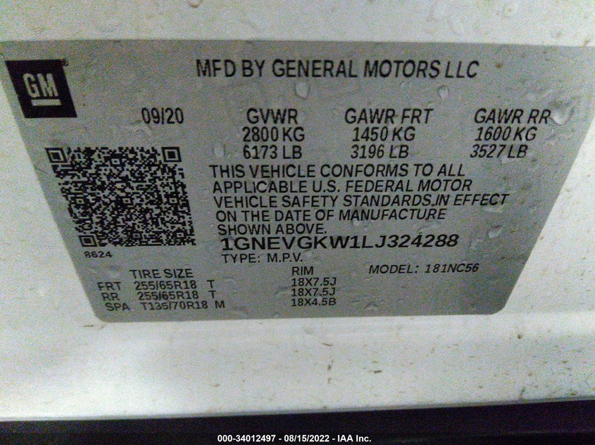 VIN 1GNEVGKW1LJ324288 2020 CHEVROLET TRAVERSE LT CLOTH