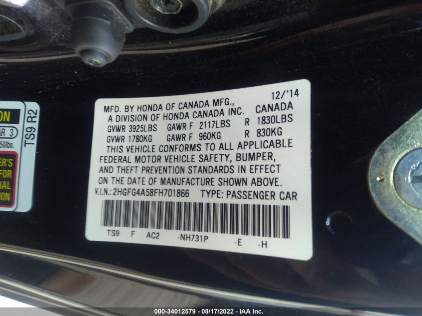 2015 HONDA CIVIC COUPE SI 2HGFG4A58FH701866
