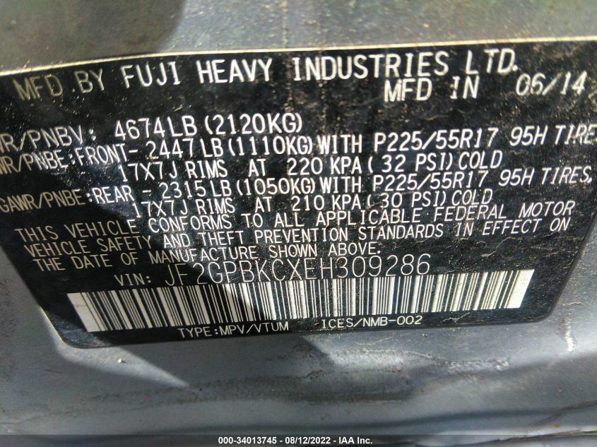 2014 SUBARU XV CROSSTREK HYBRID TOURING JF2GPBKCXEH309286