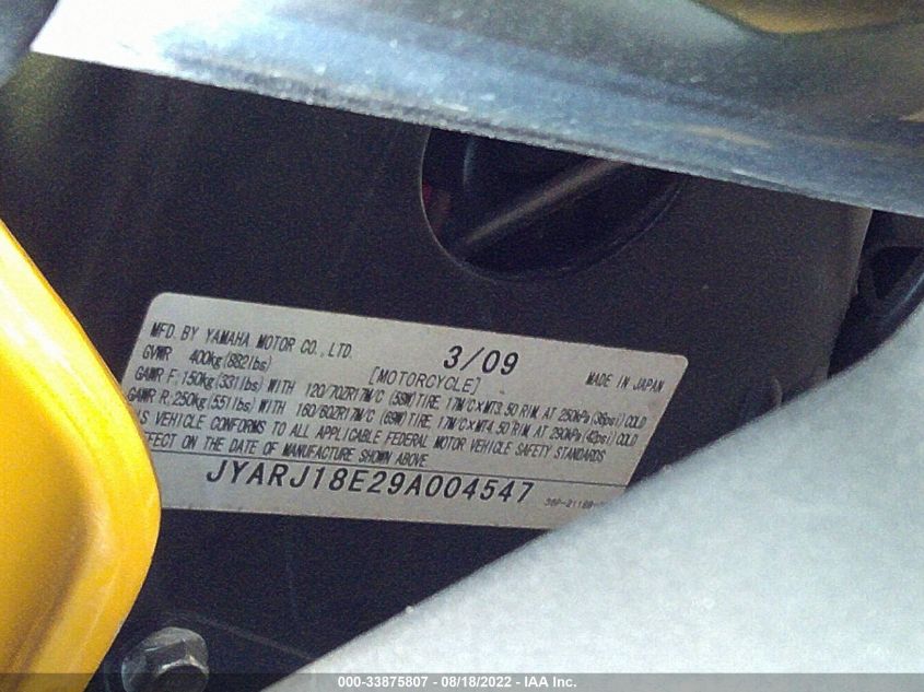 2009 YAMAHA FZ6 R JYARJ18E29A004547