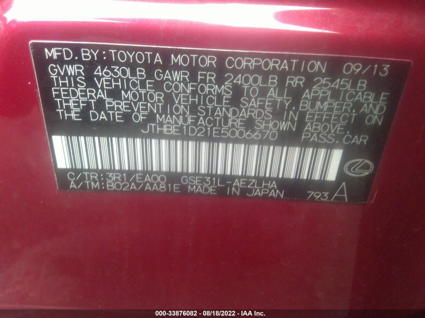 2014 LEXUS IS 350 JTHBE1D21E5006670