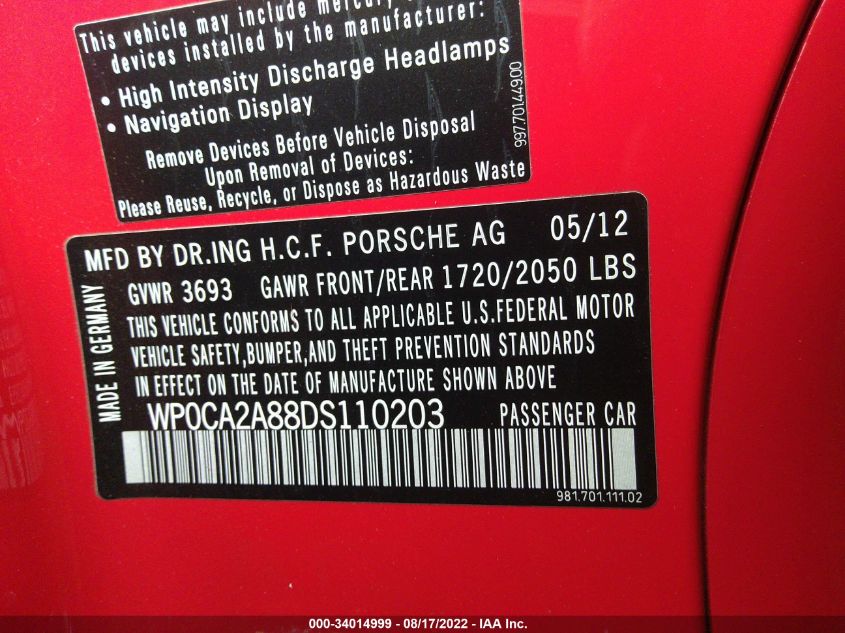 2013 PORSCHE BOXSTER WP0CA2A88DS110203