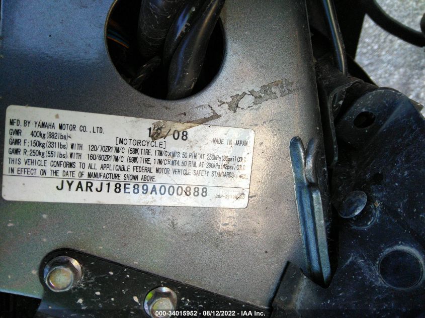 2009 YAMAHA FZ6 R JYARJ18E89A000888