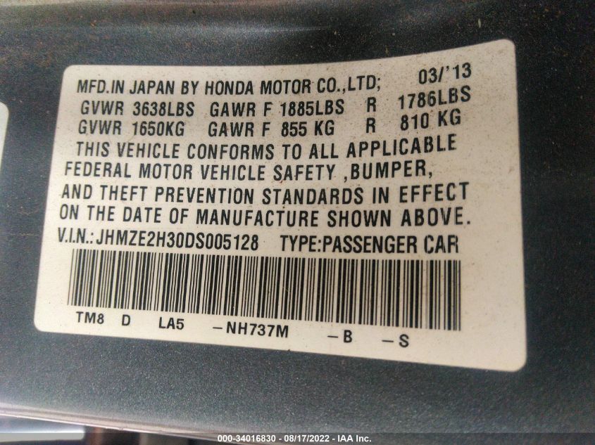 2013 HONDA INSIGHT JHMZE2H30DS005128