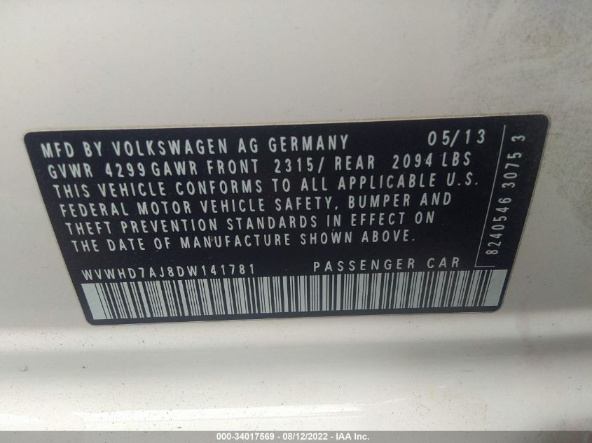 2013 VOLKSWAGEN GTI WOLFSBURG WVWHD7AJ8DW141781