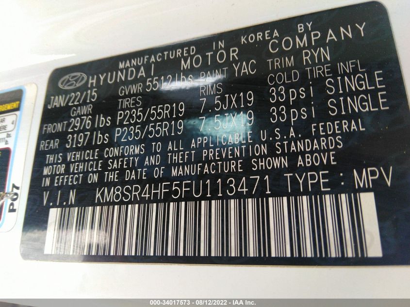 2015 HYUNDAI SANTA FE LIMITED KM8SR4HF5FU113471
