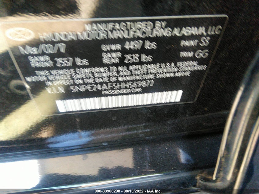 VIN 5NPE24AF5HH569872 2017 HYUNDAI SONATA SE