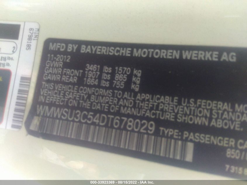 2013 MINI COOPER HARDTOP WMWSU3C54DT678029