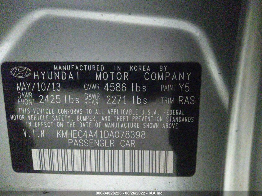 2013 HYUNDAI SONATA HYBRID KMHEC4A41DA078398