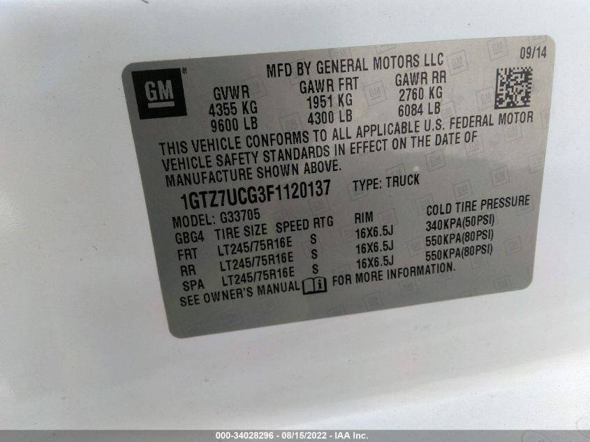 2015 GMC SAVANA CARGO VAN 1GTZ7UCG3F1120137
