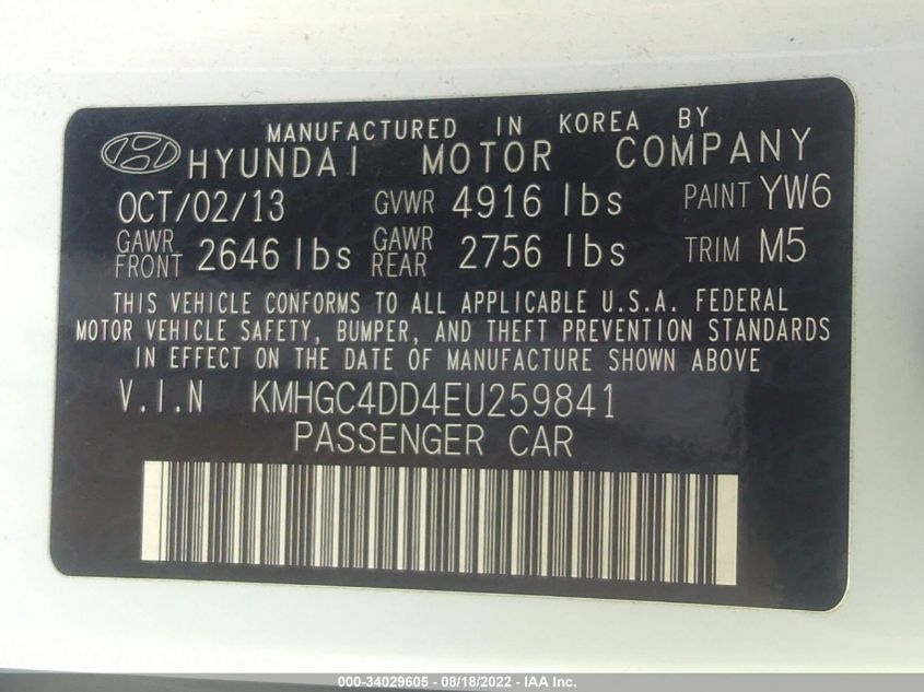 2014 HYUNDAI GENESIS 3.8L KMHGC4DD4EU259841