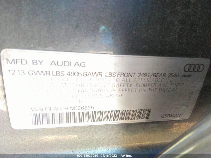 2014 AUDI A4 PREMIUM WAUBFAFL3EN026825