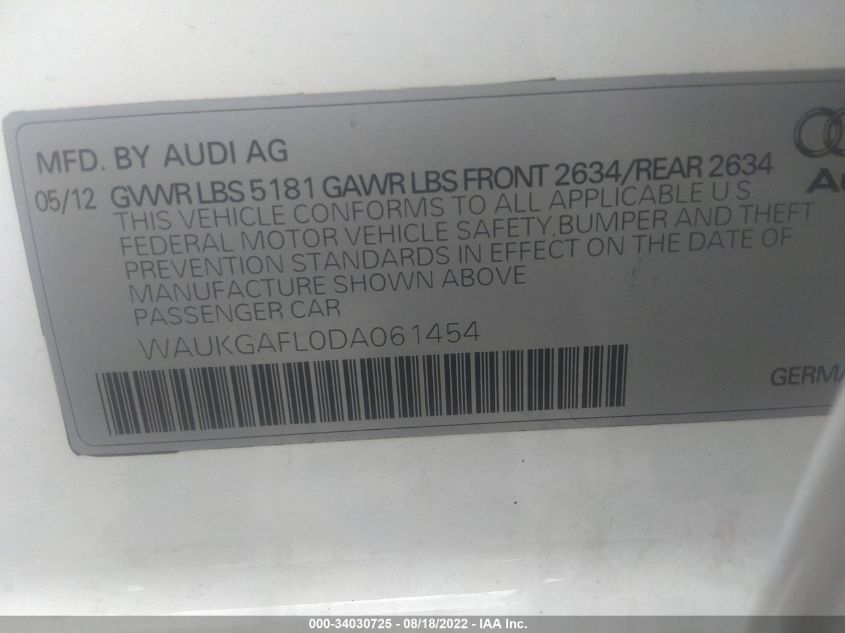 2013 AUDI S4 PRESTIGE WAUKGAFL0DA061454
