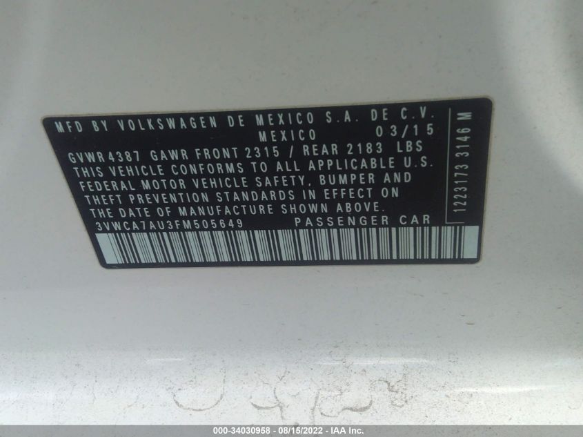 2015 VOLKSWAGEN GOLF SPORTWAGEN TDI S 3VWCA7AU3FM505649