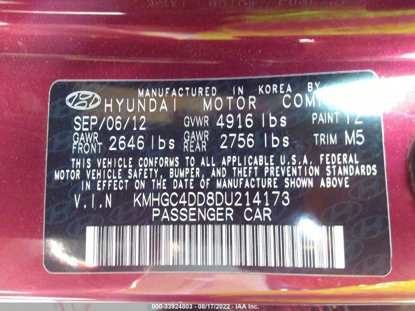 2013 HYUNDAI GENESIS 3.8L KMHGC4DD8DU214173