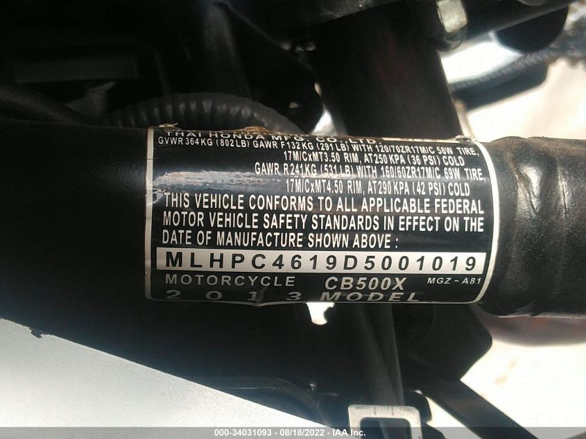 2013 HONDA CB500 X MLHPC4619D5001019