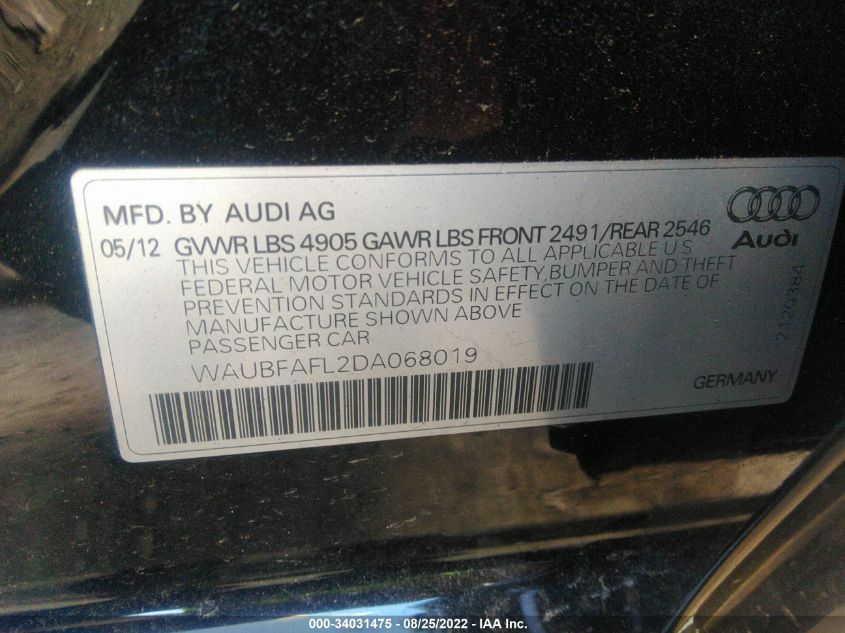 2013 AUDI A4 PREMIUM WAUBFAFL2DA068019