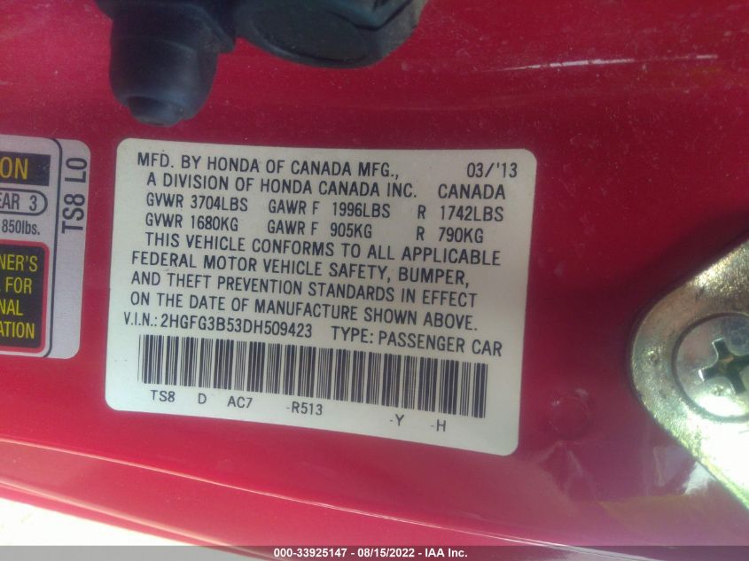 2013 HONDA CIVIC CPE LX 2HGFG3B53DH509423