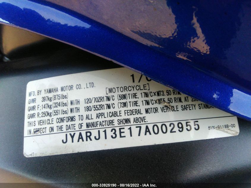 2007 YAMAHA FZ6 SHG JYARJ13E17A002955