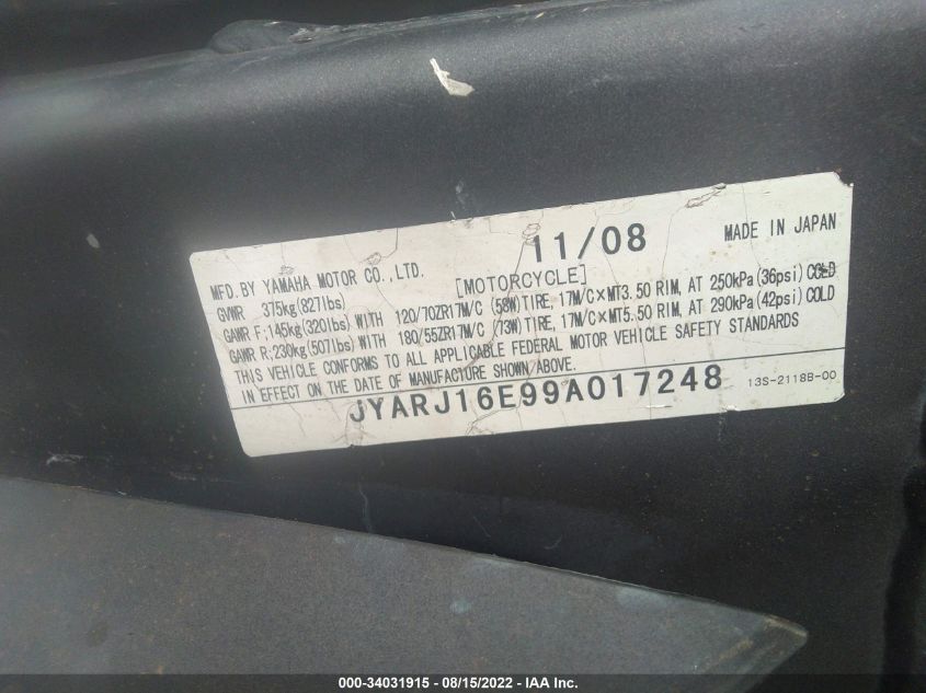 2009 YAMAHA YZFR6 JYARJ16E99A017248