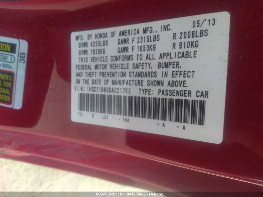 2013 HONDA ACCORD CPE EX-L 1HGCT1B88DA021760