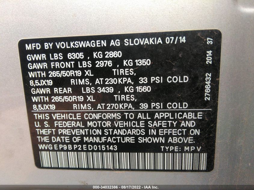 2014 VOLKSWAGEN TOUAREG LUX WVGEP9BP2ED015143