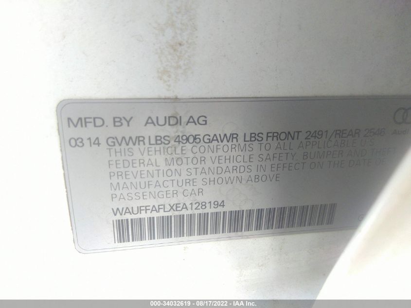 2014 AUDI A4 PREMIUM PLUS WAUFFAFLXEA128194