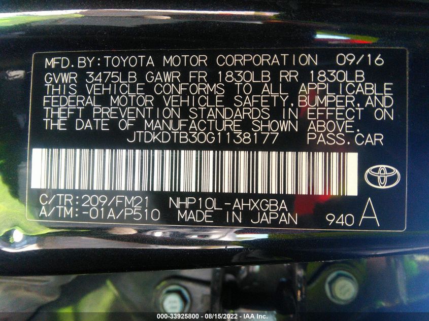 2016 TOYOTA PRIUS C ONE/TWO/THREE/FOUR JTDKDTB30G1138177