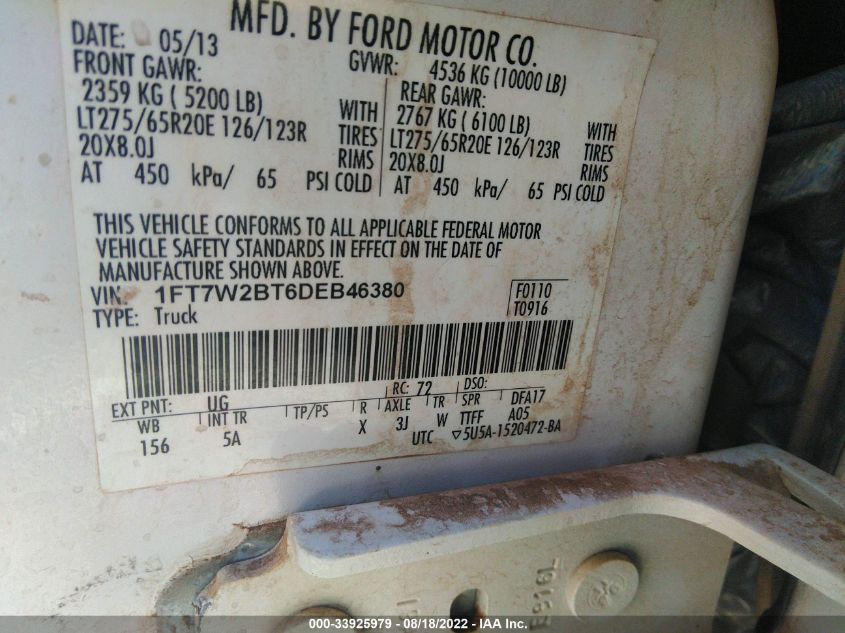 2013 FORD F250 SUPER DUTY 1FT7W2BT6DEB46380