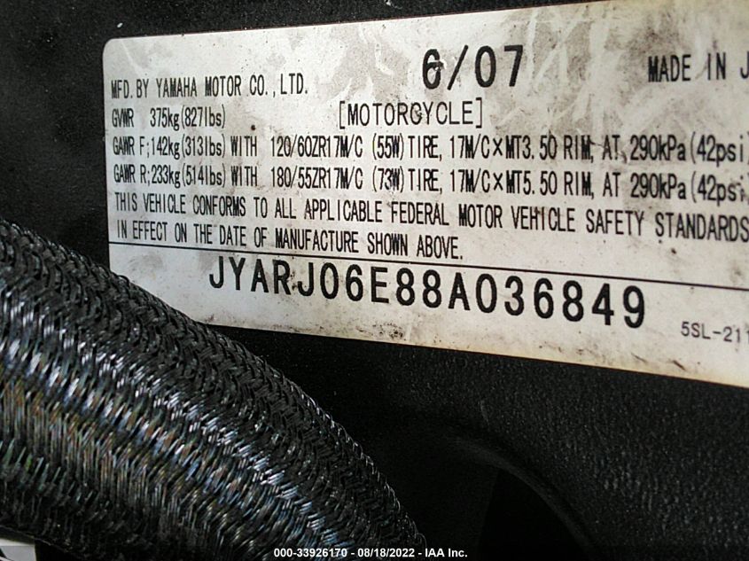 2008 YAMAHA YZFR6 S JYARJ06E88A036849