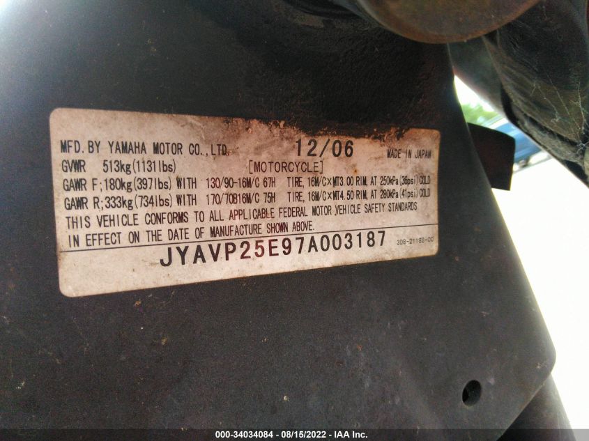 2007 YAMAHA XVS1300 CT JYAVP25E97A003187