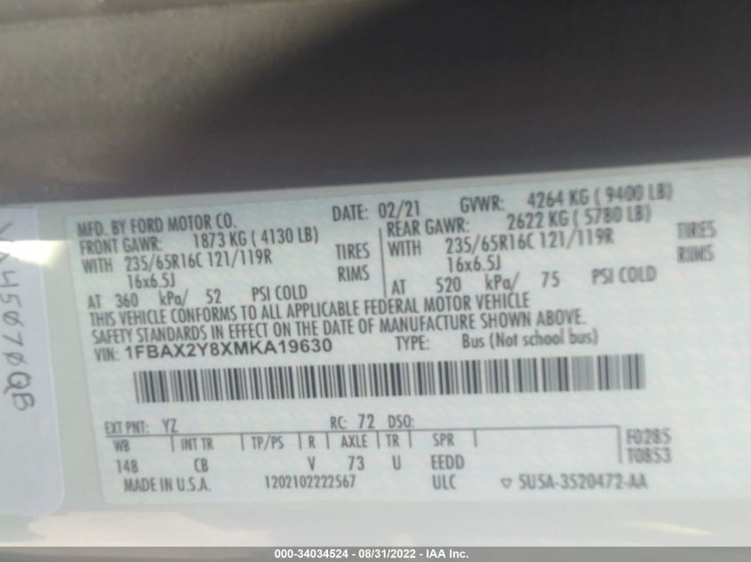 2021 FORD TRANSIT PASSENGER WAGON XL/XLT 1FBAX2Y8XMKA19630