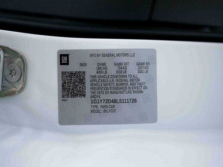 2020 CHEVROLET CORVETTE 2LT 1G1Y72D48L5111726